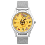 Sugar Heist hand-painted watch with ant pulling a dessert car on yellow dial