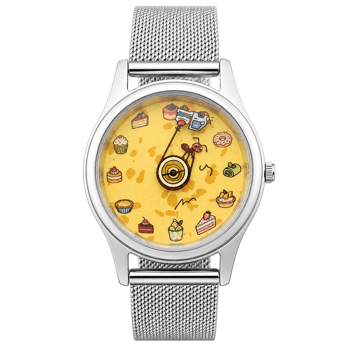 Sugar Heist hand-painted watch with ant pulling a dessert car on yellow dial