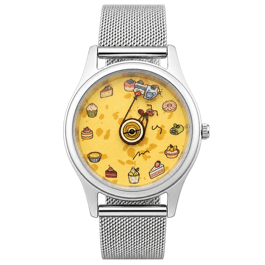 Sugar Heist hand-painted watch with ant pulling a dessert car on yellow dial