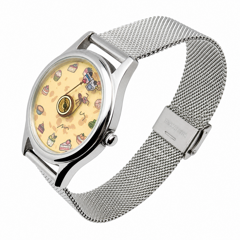 Sugar Heist hand-painted ant and dessert watch side view with mesh strap