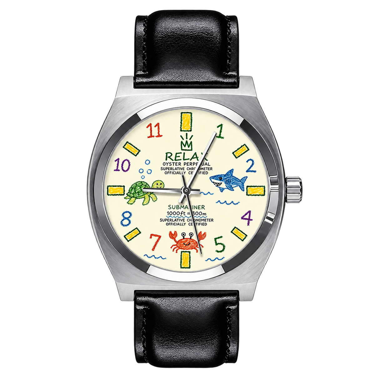 CHOOSZ Crown Doodle watch with cream sea-life dial, colorful numerals, silver case and black leather strap, front view