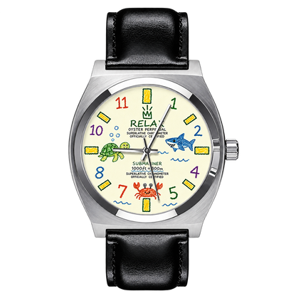 CHOOSZ Crown Doodle watch with cream sea-life dial, colorful numerals, silver case and black leather strap, front view