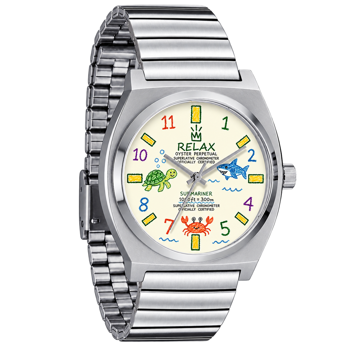 Angled view of CHOOSZ Crown Doodle watch with cream sea-life dial, colorful numerals and silver single-link steel bracelet
