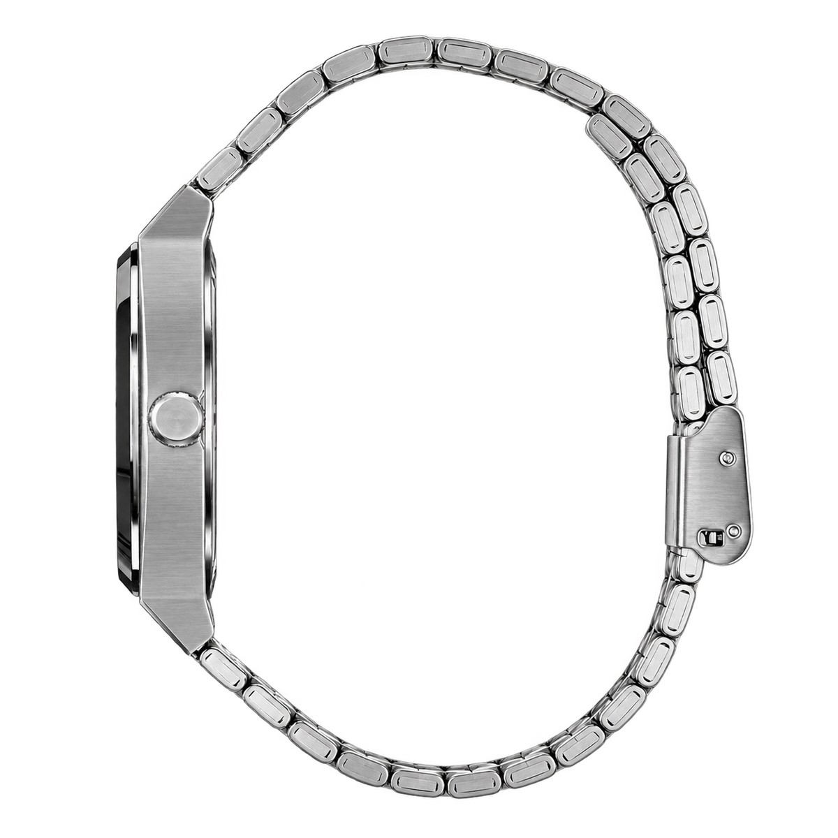 Side profile of CHOOSZ Crown Doodle watch showing brushed silver case, crown and steel bracelet clasp