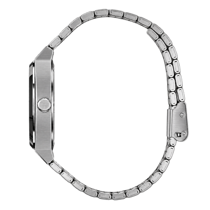 Side profile of CHOOSZ Crown Doodle watch showing brushed silver case, crown and steel bracelet clasp