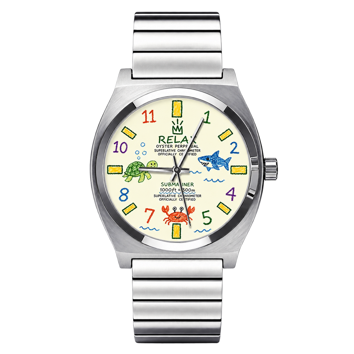 CHOOSZ Crown Doodle watch with cream dial, colorful numerals, turtle, shark and crab illustrations, and silver single-link bracelet