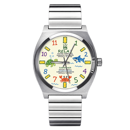 CHOOSZ Crown Doodle watch with cream dial, colorful numerals, turtle, shark and crab illustrations, and silver single-link bracelet