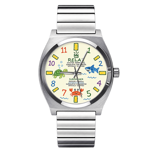 CHOOSZ Crown Doodle watch with cream dial, colorful numerals, turtle, shark and crab illustrations, and silver single-link bracelet