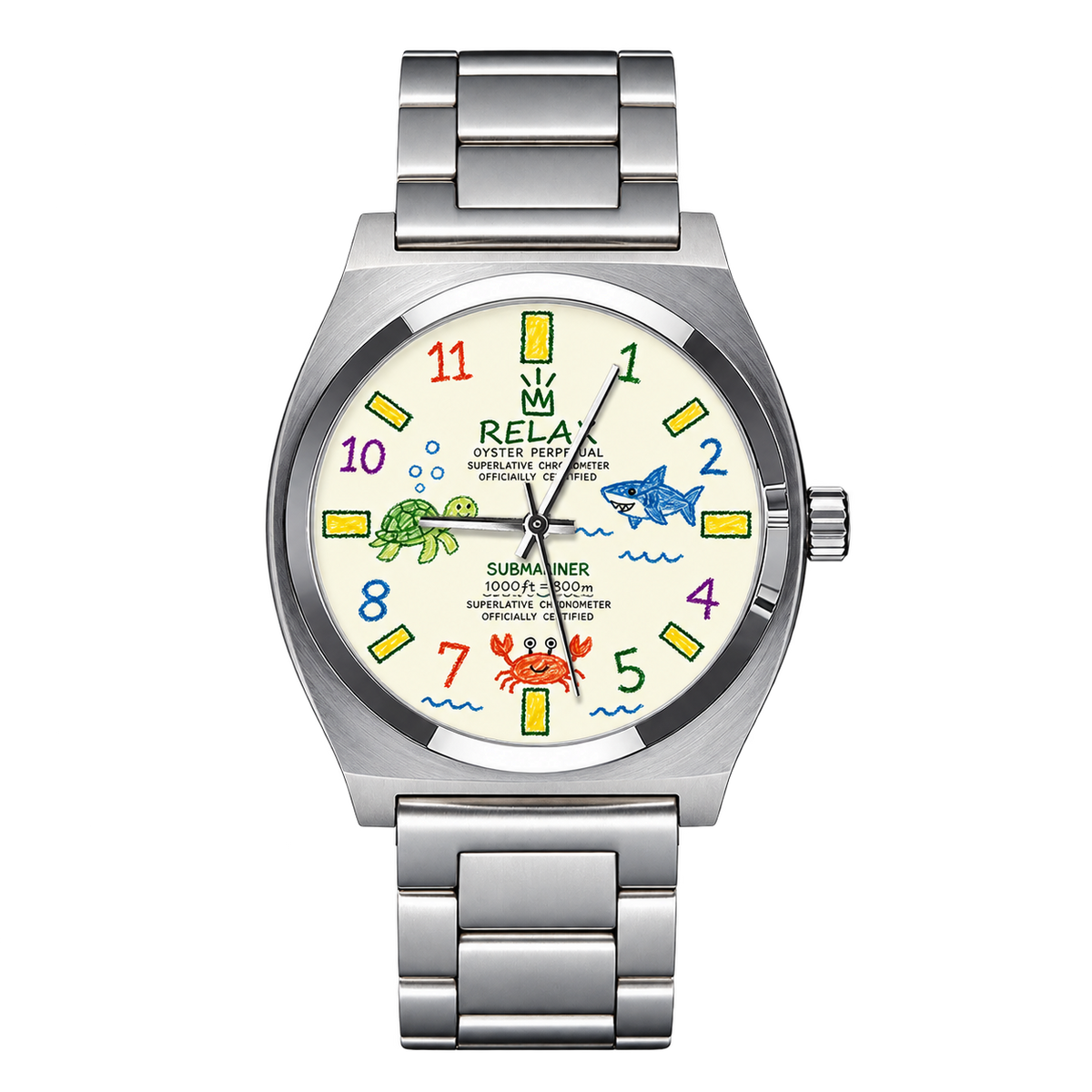CHOOSZ Crown Doodle watch with cream sea-life dial, colorful numerals and silver three-link steel bracelet, front view