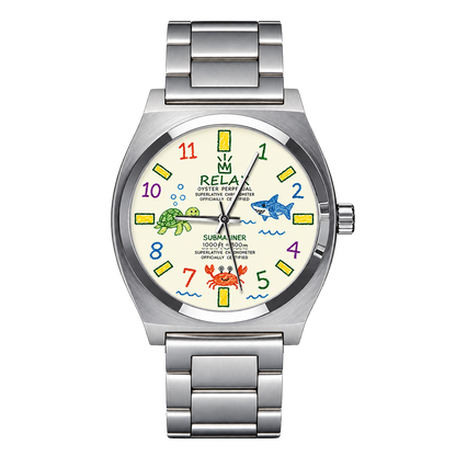 CHOOSZ Crown Doodle watch with cream sea-life dial, colorful numerals and silver three-link steel bracelet, front view