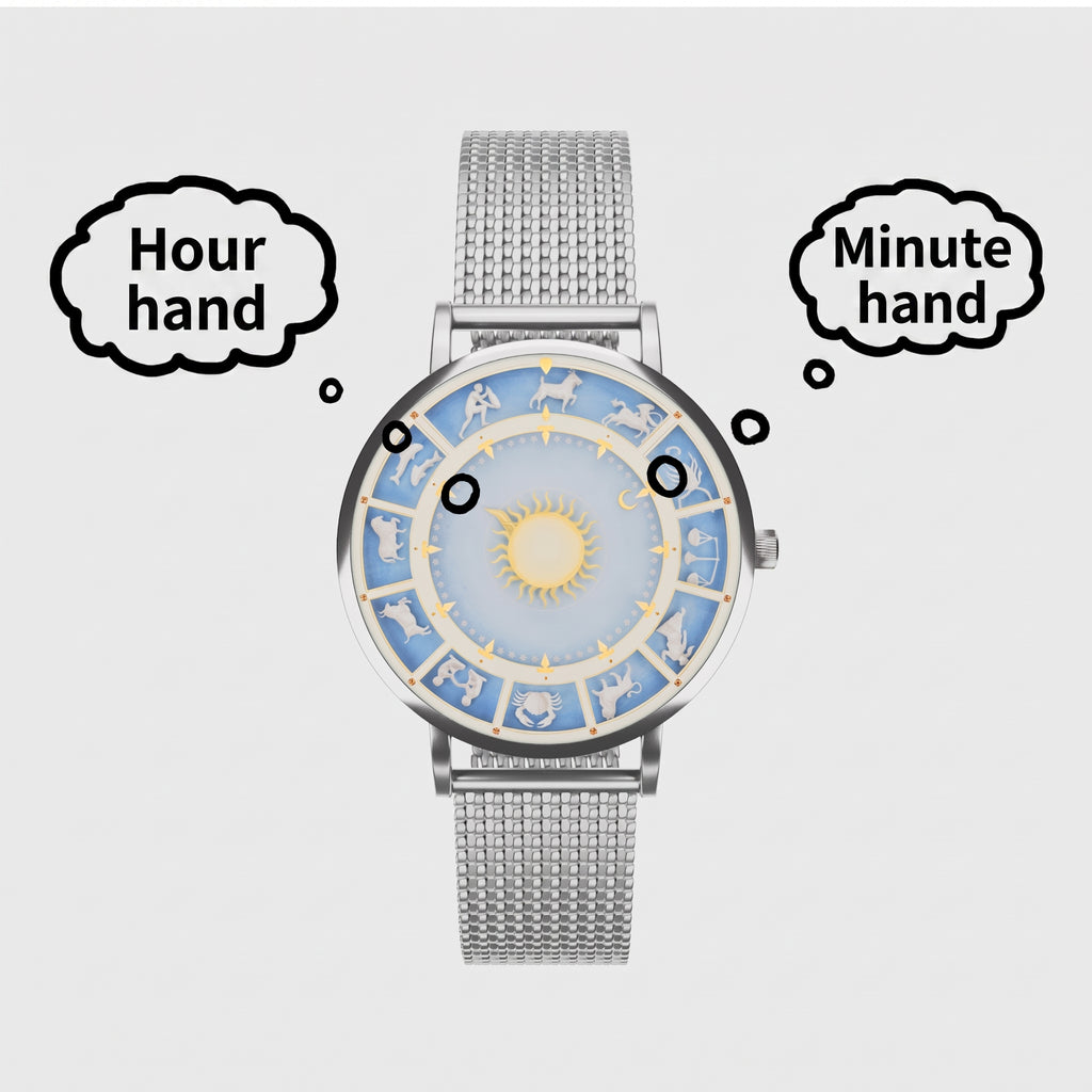 Astral Mythos time-reading guide showing Sun hour ray and Moon minute marker