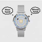 Astral Mythos time-reading guide showing Sun hour ray and Moon minute marker