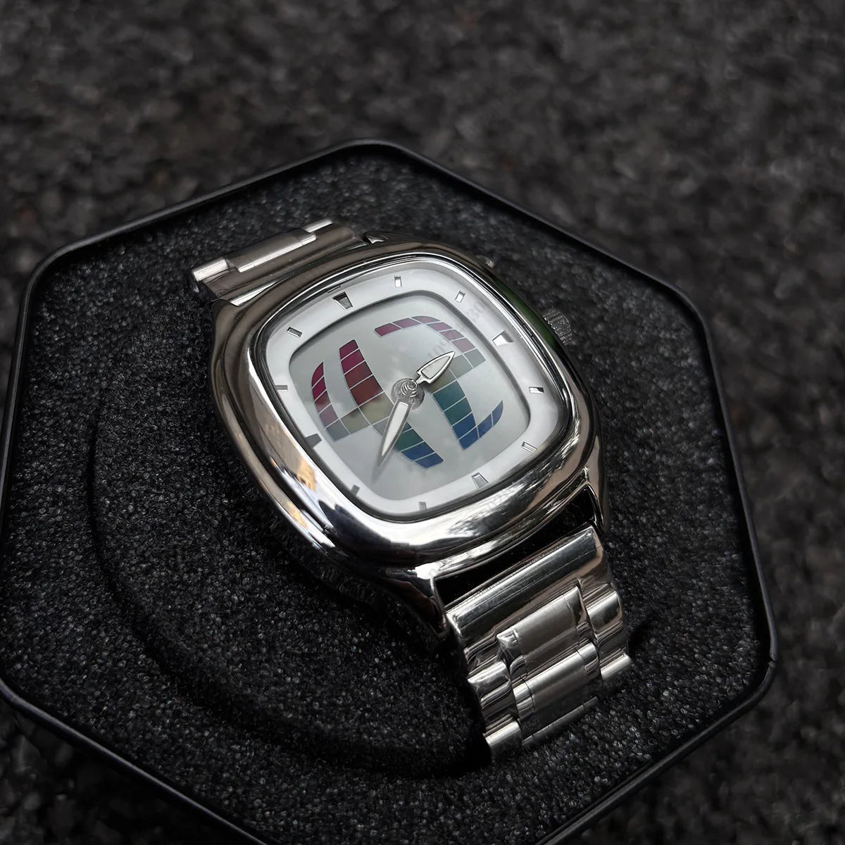 Pulse Matrix rainbow dial Y2K animated seconds watch displayed on fabric