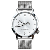 CHOOSZ Lucky Cast watch with silver dial, fishing-themed hands and markers, and silver stainless steel mesh strap