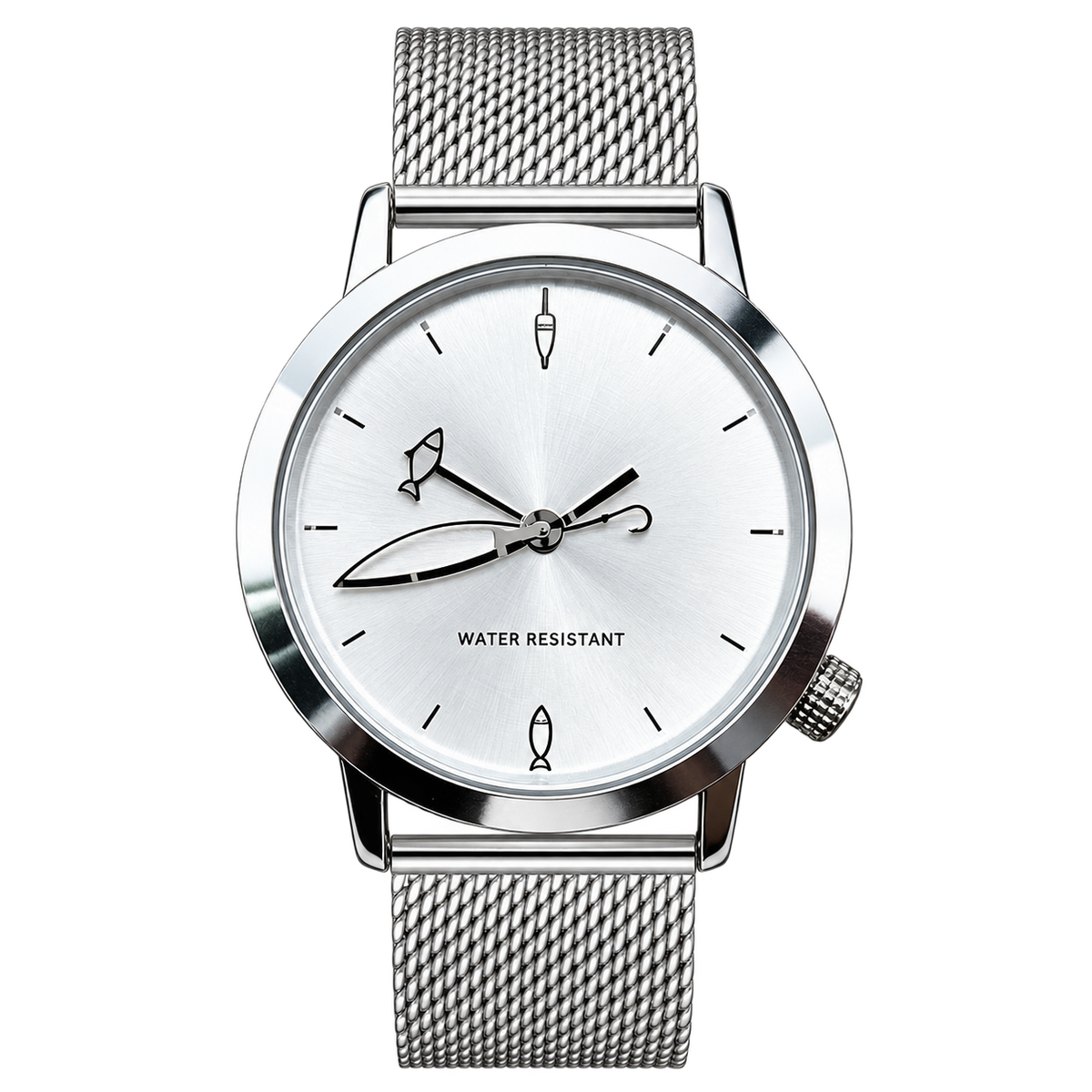 CHOOSZ Lucky Cast watch with silver dial, fishing-themed hands and markers, and silver stainless steel mesh strap