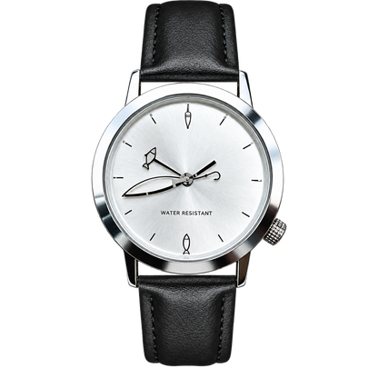 CHOOSZ Lucky Cast watch with silver dial, fishing-themed hands and markers, polished round case and black leather strap