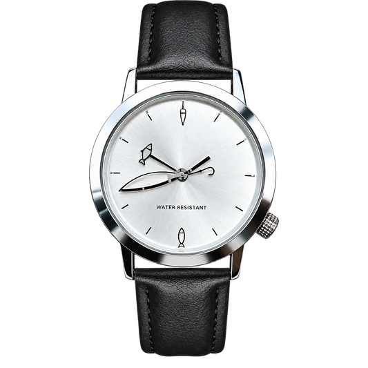 CHOOSZ Lucky Cast watch with silver dial, fishing-themed hands and markers, polished round case and black leather strap