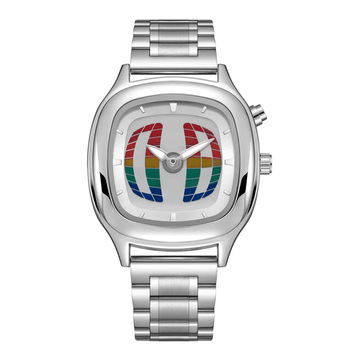 Pulse Matrix montre avec cadran blanc, écran segmenté couleur arc-en-ciel, aiguilles argentées et bracelet en acier inoxydable, vue avant