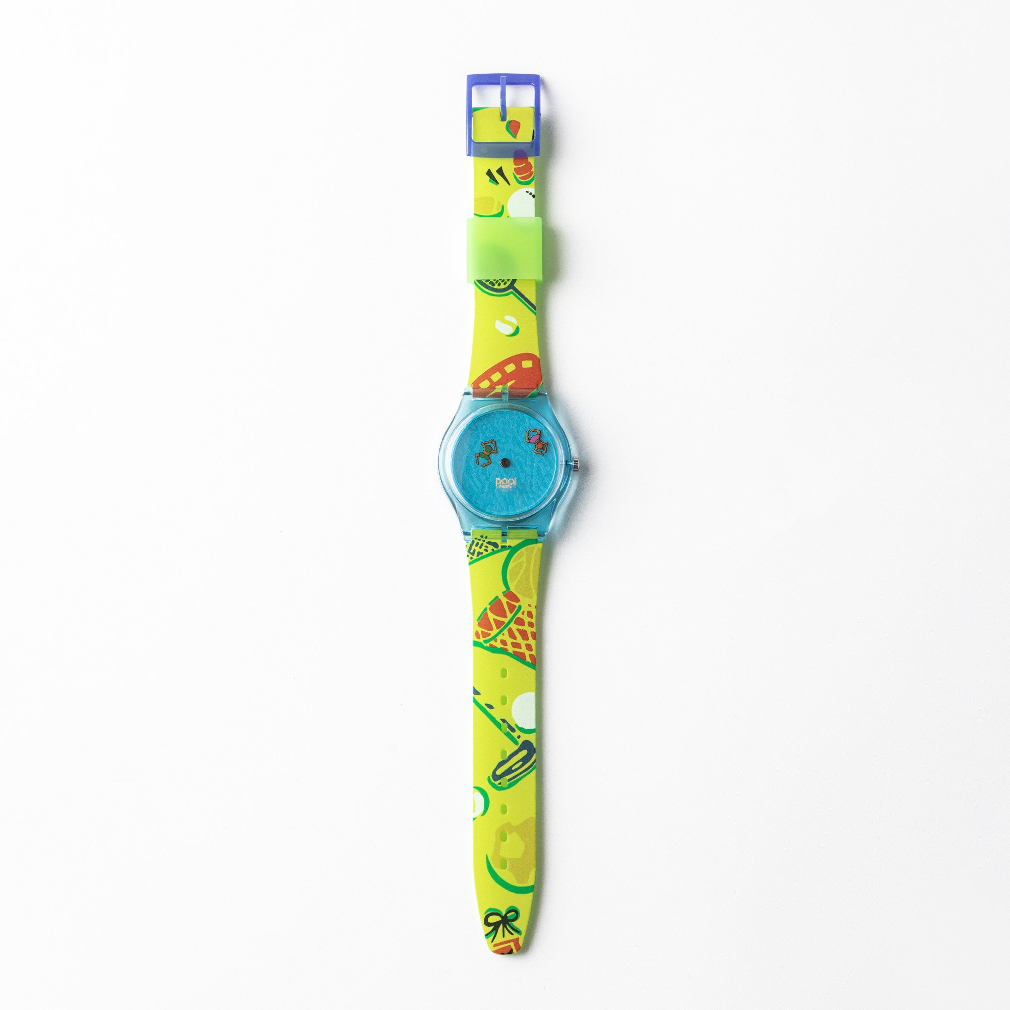 Pool Party aqua blue watch with neon green fruit and sports print strap
