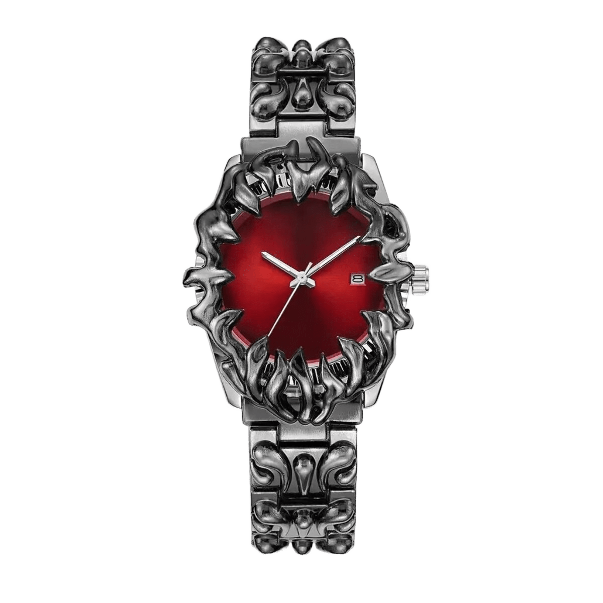 Abyssal Vine watch with red dial, date window, sculpted silver-tone claw frame and matching metal bracelet, front view