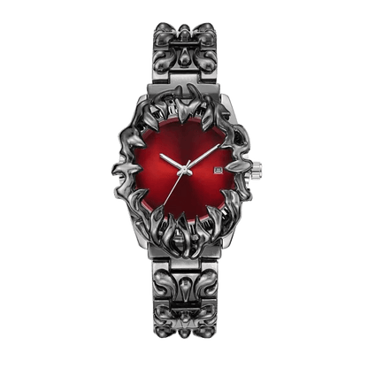 Abyssal Vine watch with red dial, date window, sculpted silver-tone claw frame and matching metal bracelet, front view