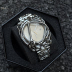 Void Lattice silver dial cyberpunk metal cage watch presented in box