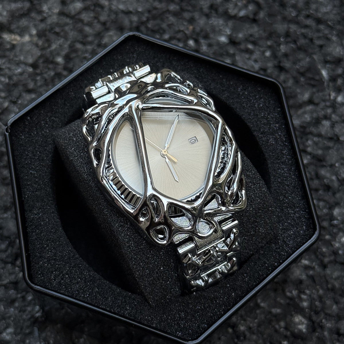 Void Lattice silver dial cyberpunk metal cage watch presented in box