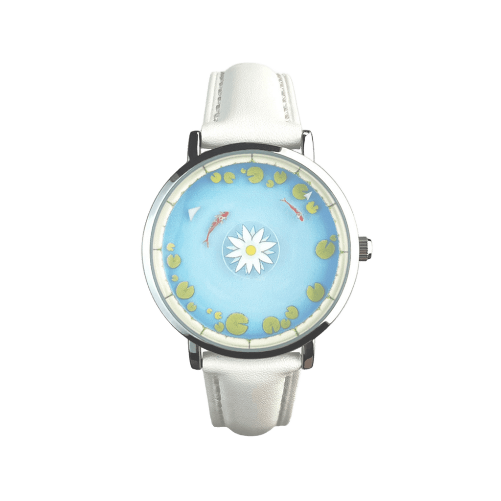 Aqua Animism white strap watch with lotus and circling koi dial front view