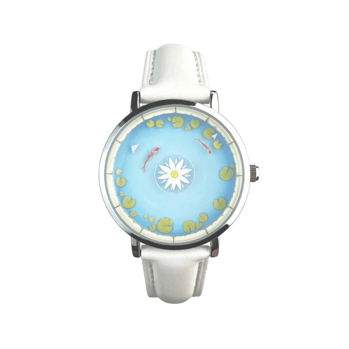 Aqua Animismo orologio cinturino bianco con loto e cerchio koi quadrante vista frontale