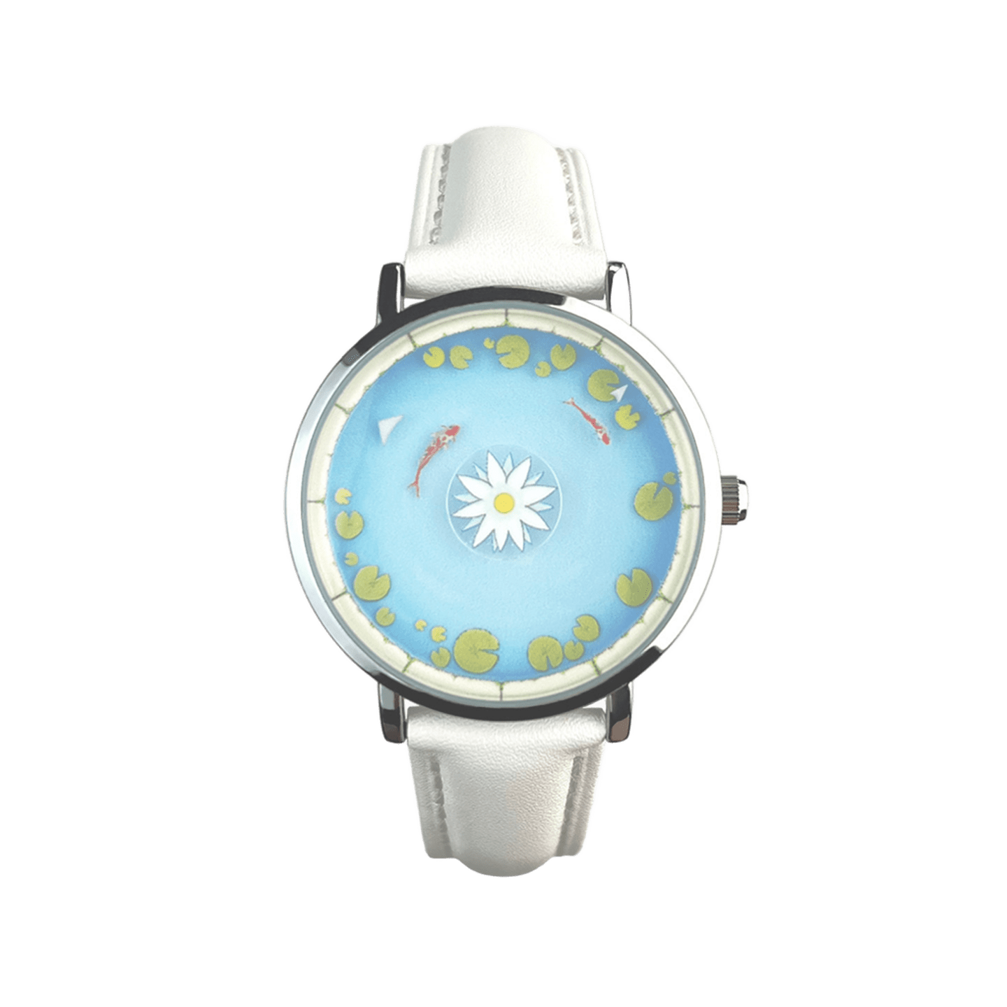 Aqua Animism white strap watch with lotus and circling koi dial front view