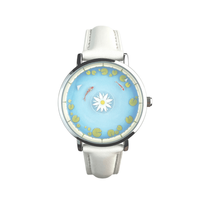 Aqua Animismo orologio cinturino bianco con loto e cerchio koi quadrante vista frontale
