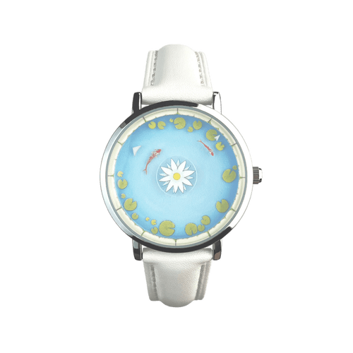 Aqua Animism white strap watch with lotus and circling koi dial front view