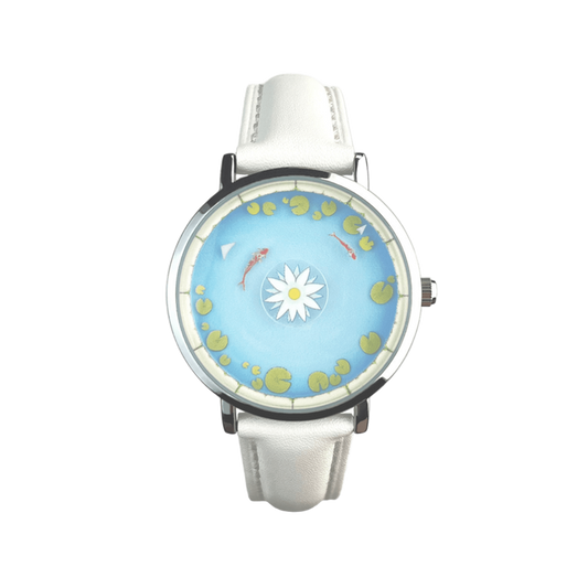 Aqua Animism white strap watch with lotus and circling koi dial front view