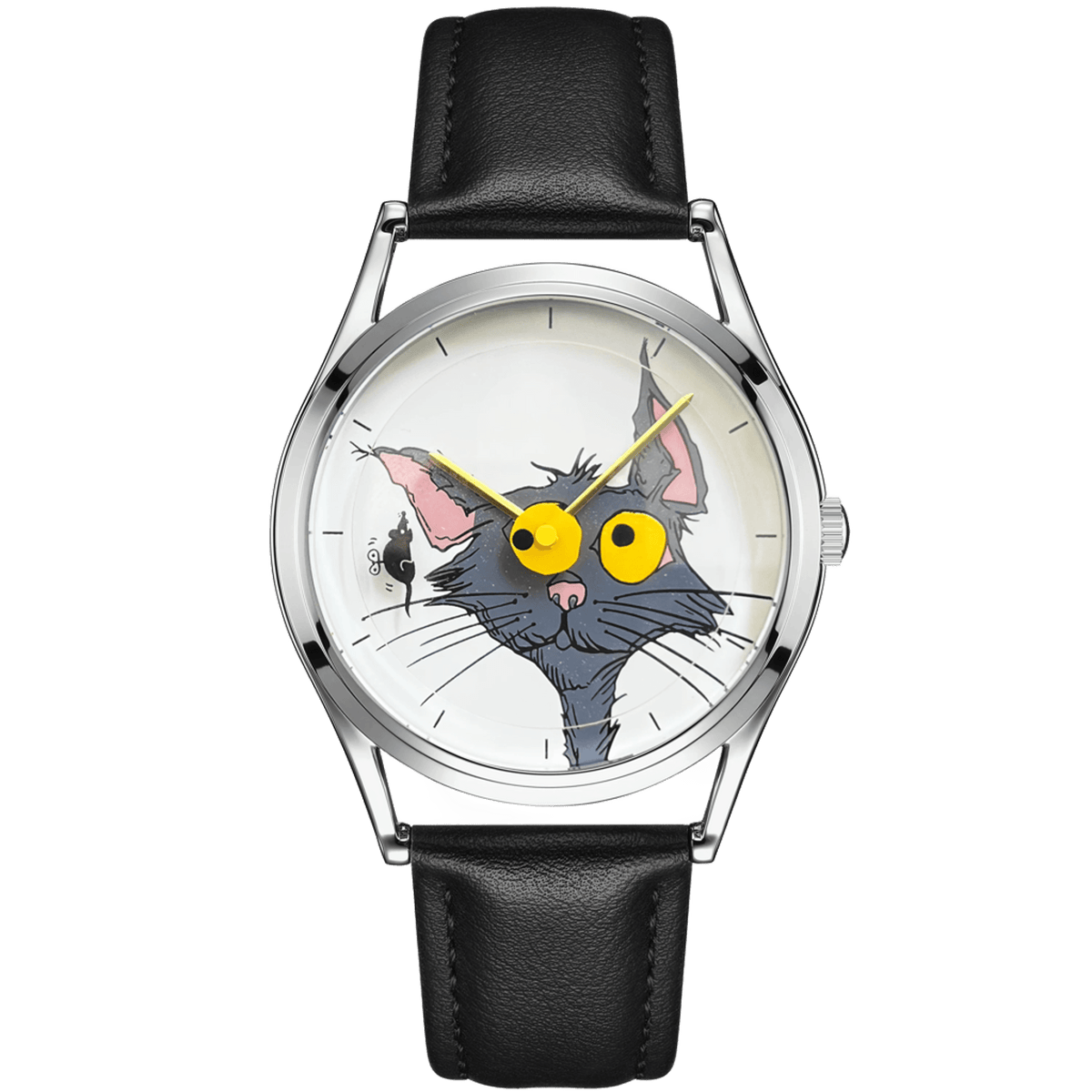 Chase Me, Kitty! watch with white cat-and-mouse dial, yellow hands, silver-tone case and black leather strap, front view
