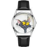 Chase Me, Kitty! watch with white cat-and-mouse dial, yellow hands, silver-tone case and black leather strap, front view
