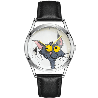 Chase Me, Kitty! watch with white cat-and-mouse dial, yellow hands, silver-tone case and black leather strap, front view
