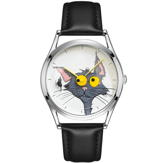 Chase Me, Kitty! watch with white cat-and-mouse dial, yellow hands, silver-tone case and black leather strap, front view