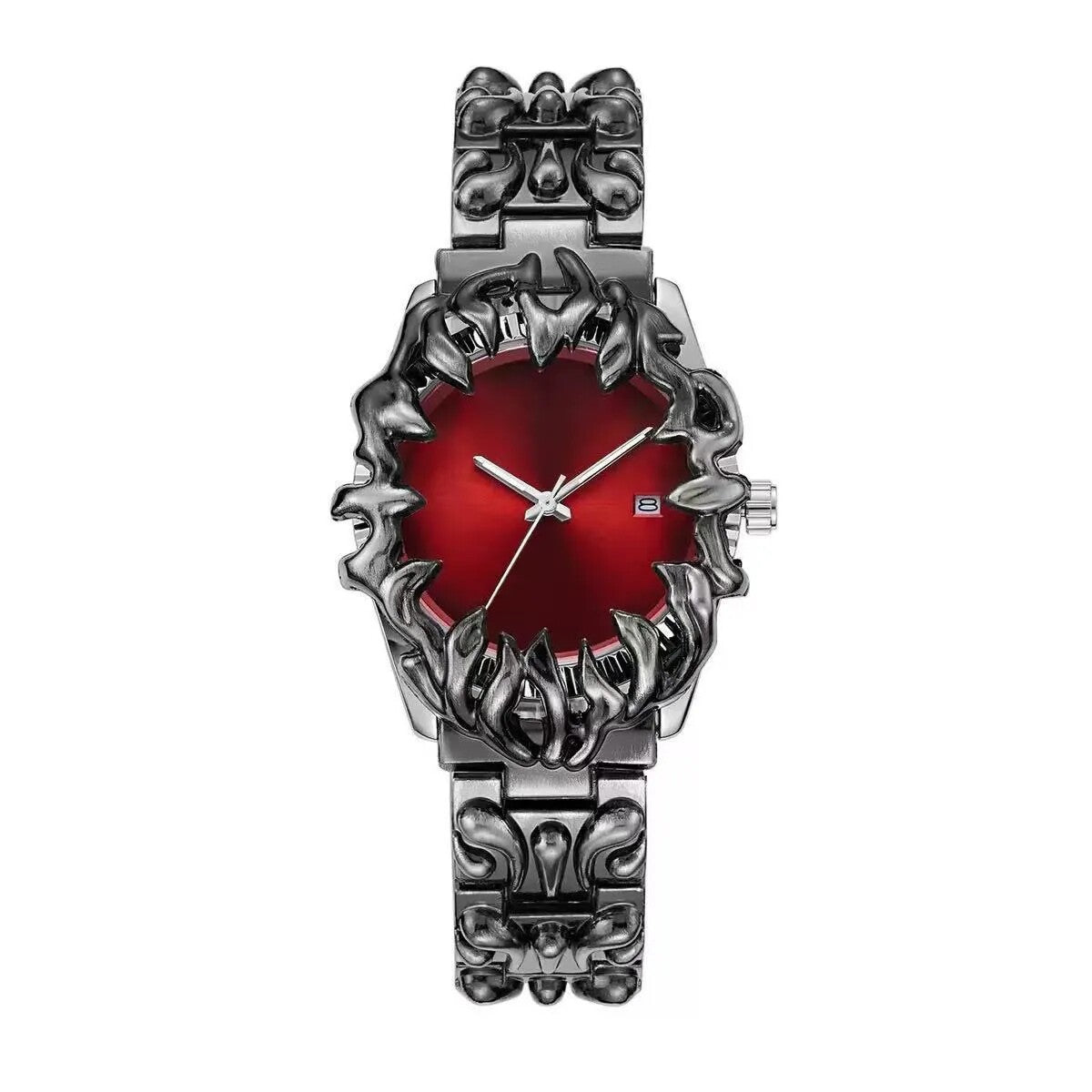 Abyssal Vine red dial gothic sculpted metal watch front view