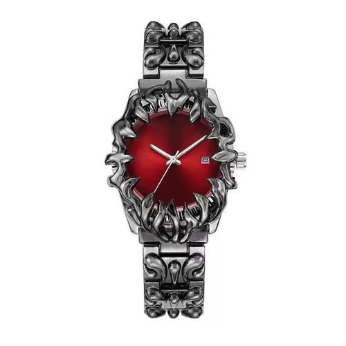 Abyssal Vine red dial gothic sculpted metal watch front view