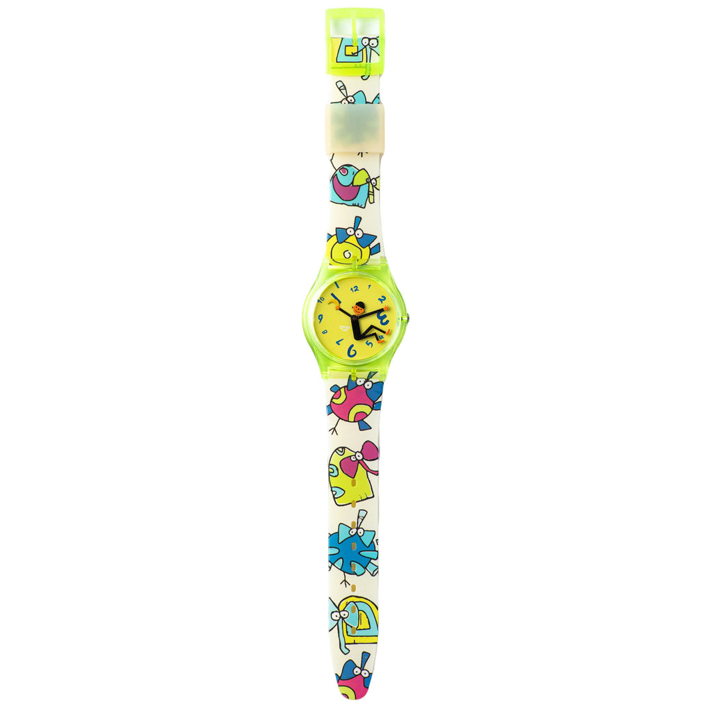 Time Thief neon green quartz watch with colorful cartoon printed strap