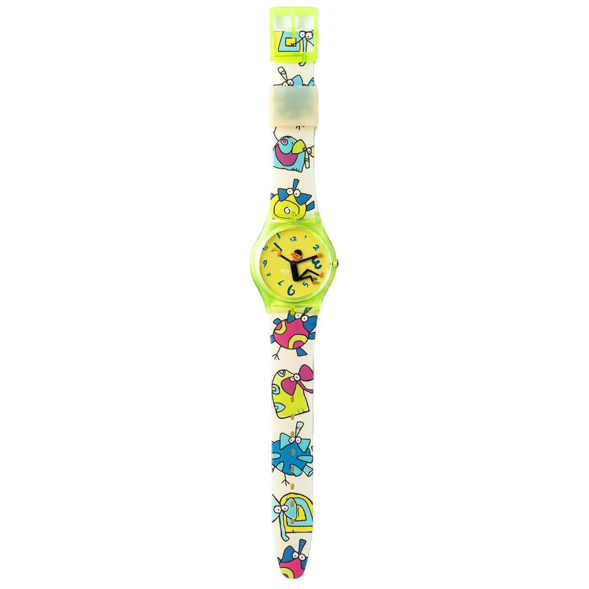 Time Thief neon green quartz watch with colorful cartoon printed strap