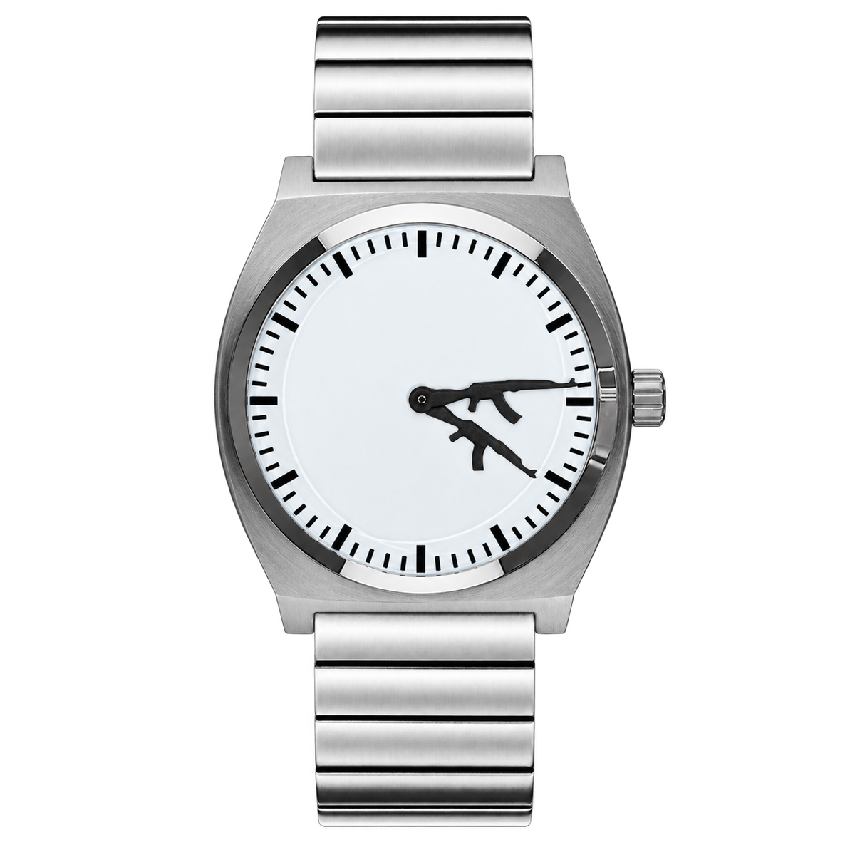 CHOOSZ Arcade Loadout watch with white dial, black gun-shaped hands and silver single-link steel bracelet, front view
