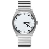 CHOOSZ Arcade Loadout watch with white dial, black gun-shaped hands and silver single-link steel bracelet, front view