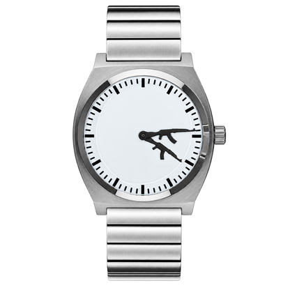 CHOOSZ Arcade Loadout watch with white dial, black gun-shaped hands and silver single-link steel bracelet, front view