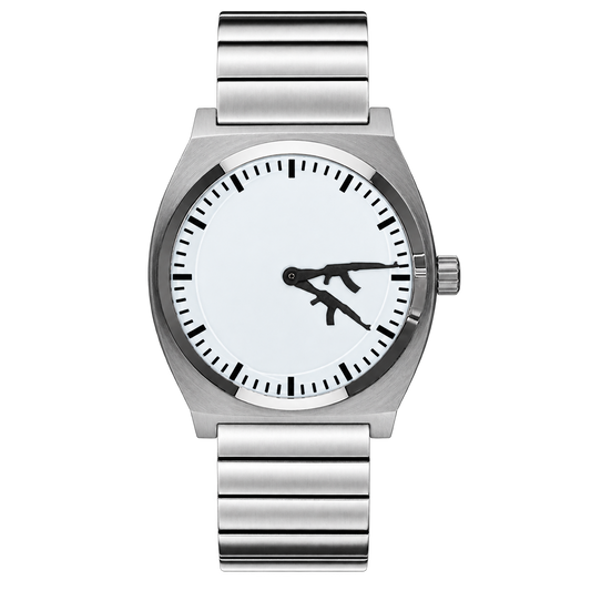 CHOOSZ Arcade Loadout watch with white dial, black gun-shaped hands and silver single-link steel bracelet, front view