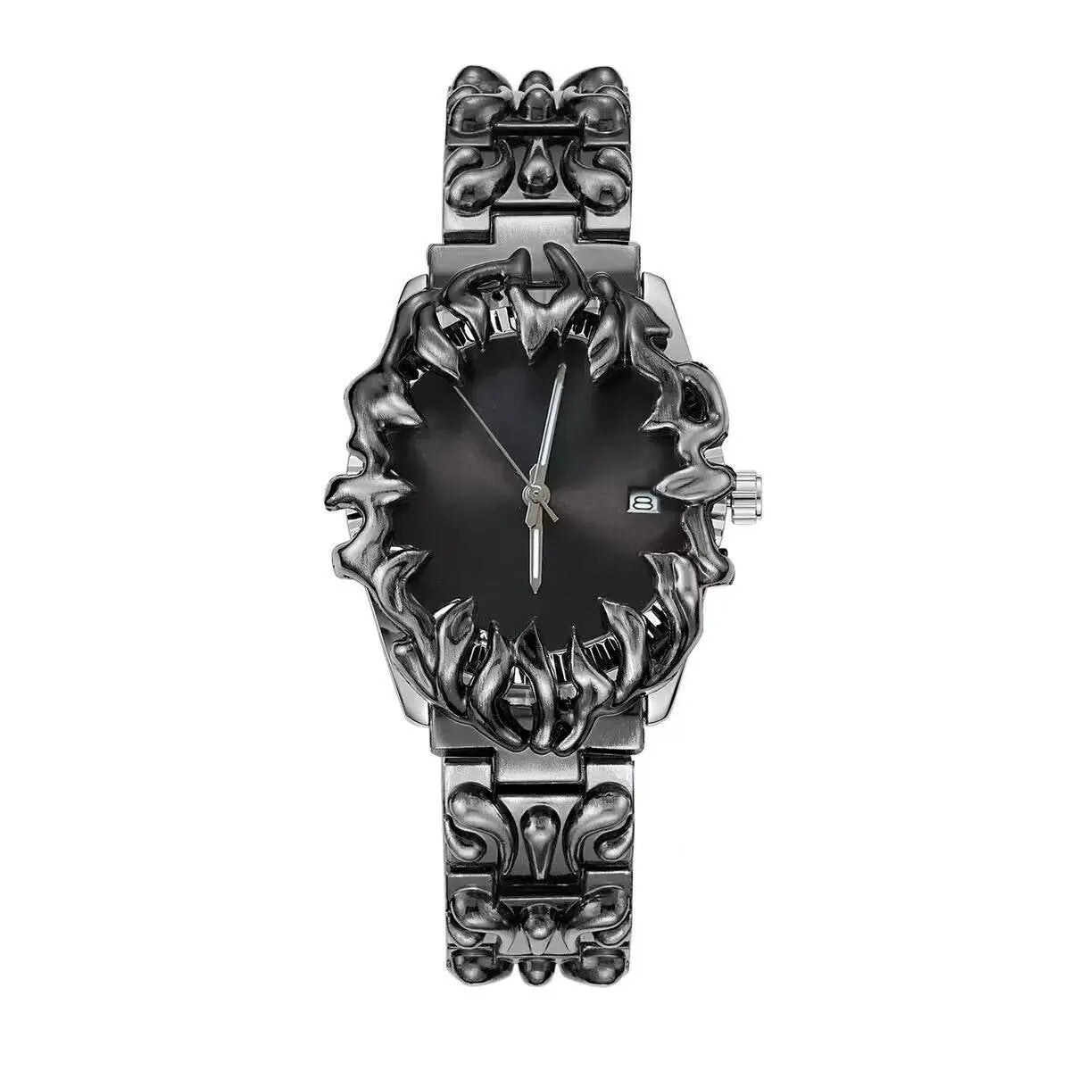 Abyssal Vine black dial gothic sculpted metal watch front view