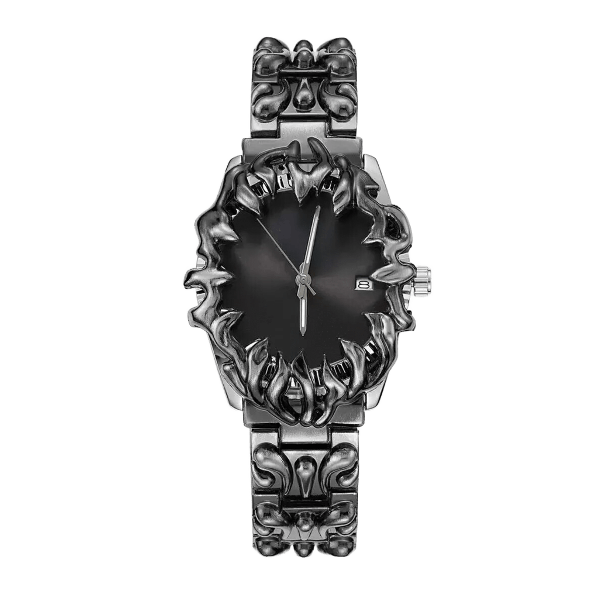 Abyssal Vine watch with black dial, date window, sculpted silver-tone claw frame and matching metal bracelet, front view