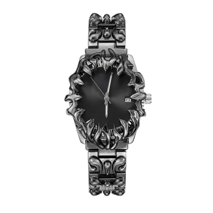 Abyssal Vine watch with black dial, date window, sculpted silver-tone claw frame and matching metal bracelet, front view