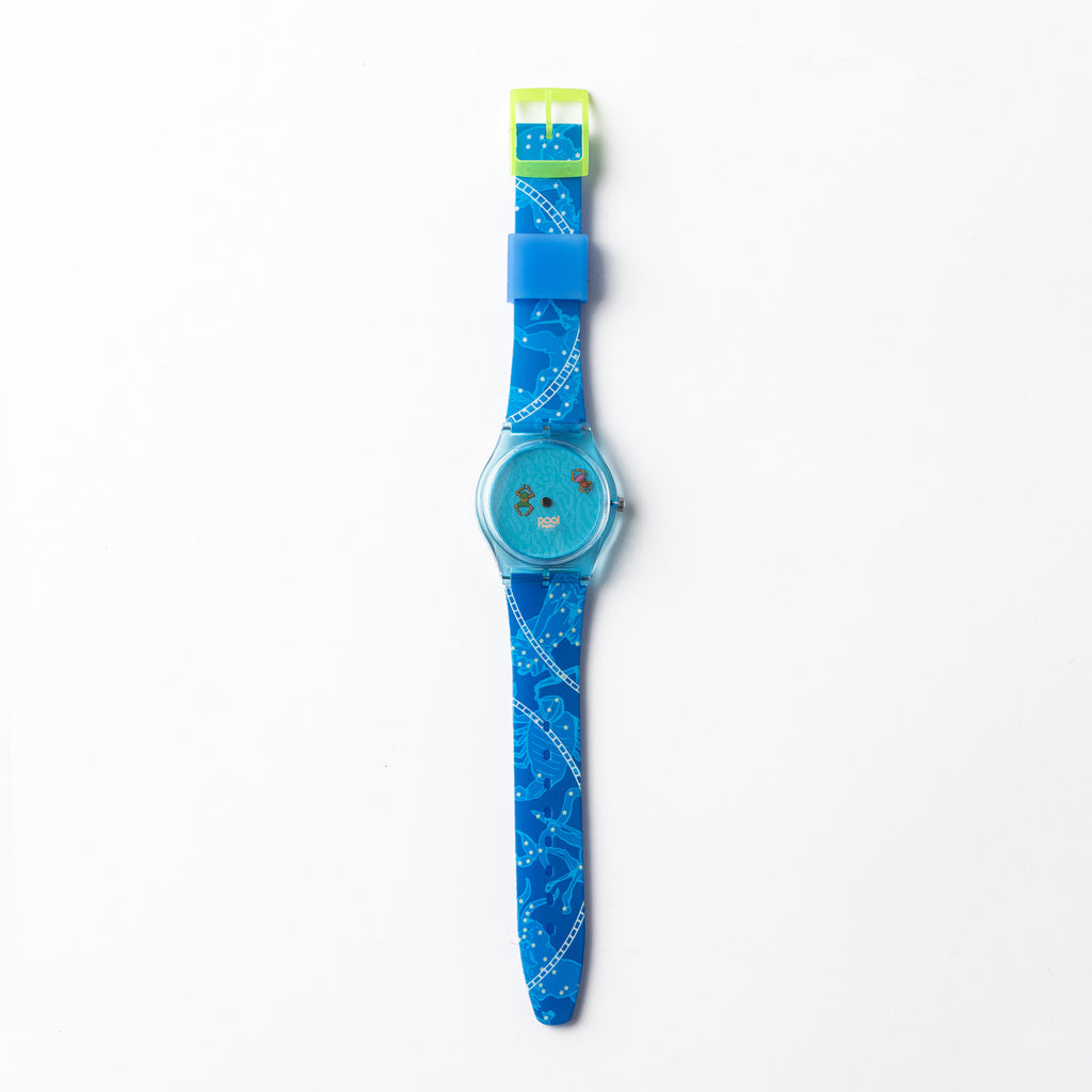Pool Party aqua blue watch with blue illustrated pattern strap