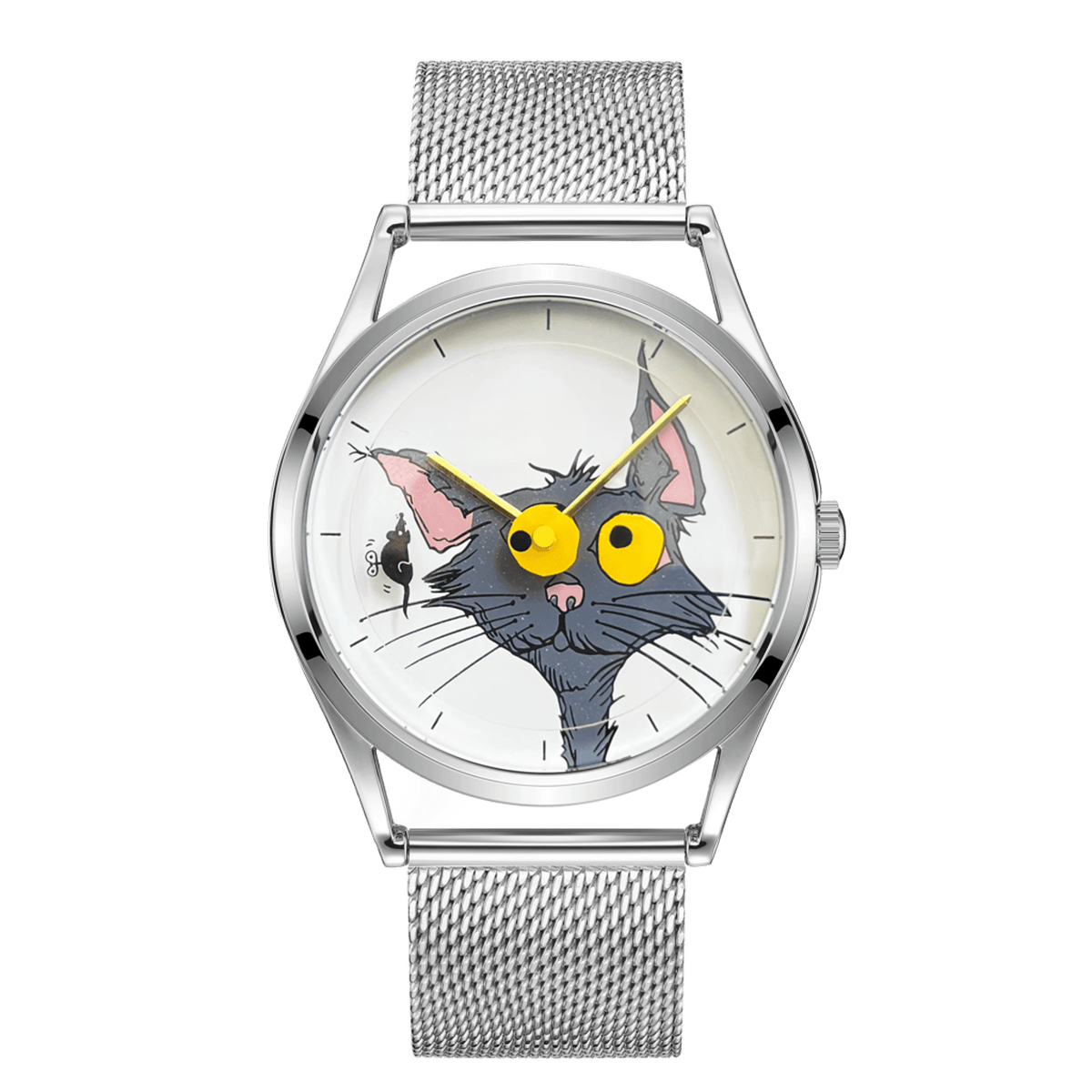 Chase Me, Kitty! watch with white cat-and-mouse dial, yellow hands and silver Milanese mesh strap, front view